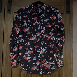 Great Condition Cotton Silk Navy Floral Ralph Lauren  Button Down Blouse, Size M